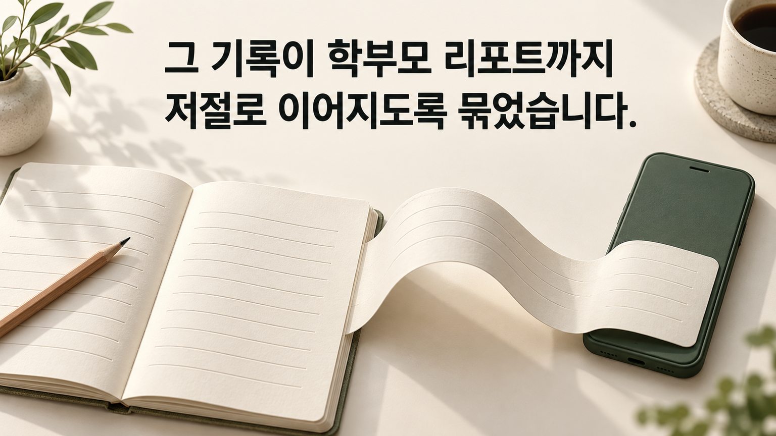 선생님이 오늘 수업을 적으면 그 기록이 학부모 리포트까지 저절로 이어지도록 묶었습니다.